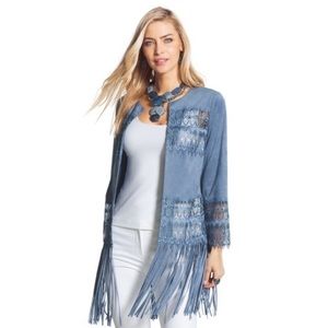 NWOT Chicos Boho Faux Suede Western Embroidered
Fringe Cardigan Sweater Jacket